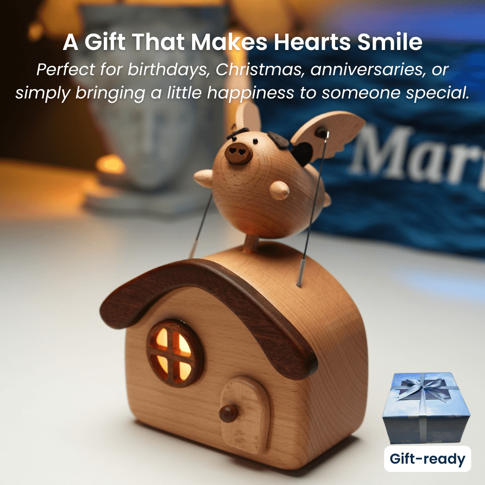 MarinerPoet Flying Pig Cottage – Wooden Automaton Night Light