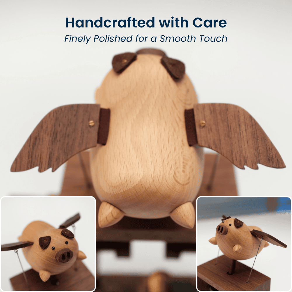 MarinerPoet™ Handcrafted Wooden Angel Pig Music Box Automaton