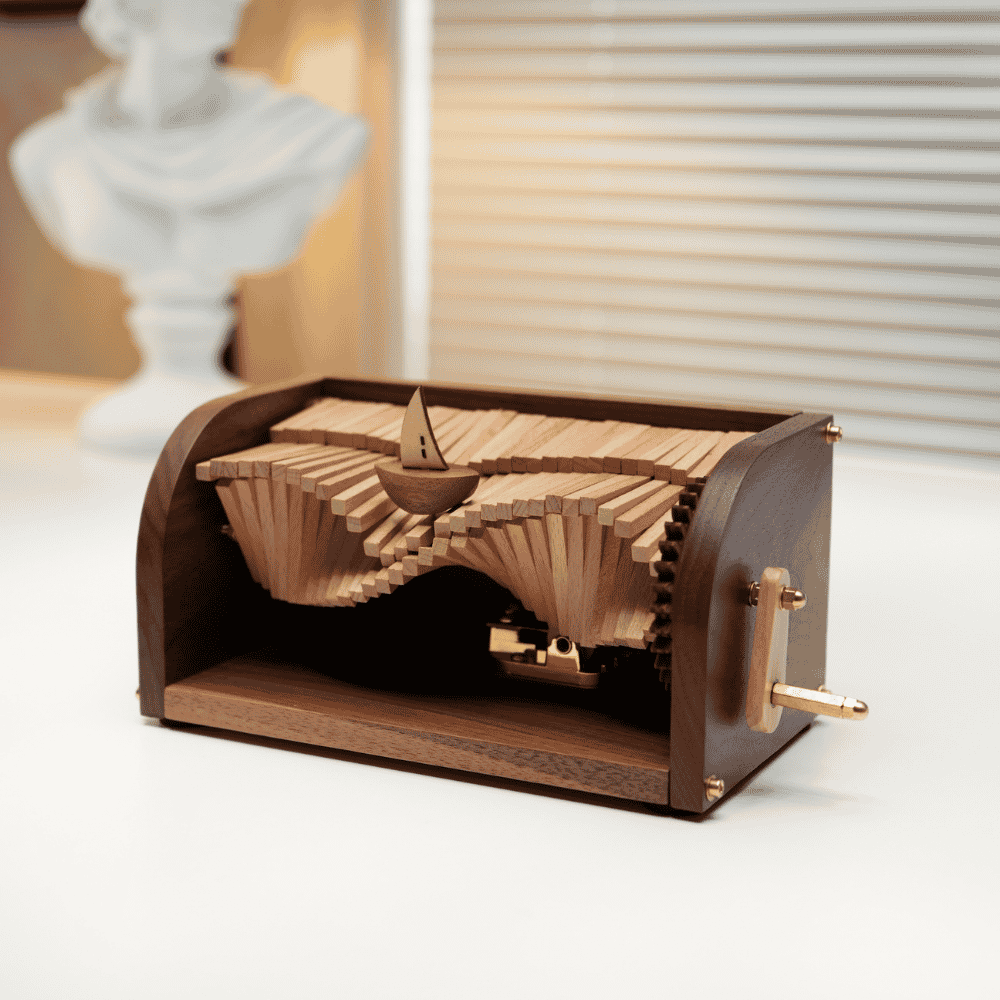 MarinerPoet™ Handcrafted Wooden “Song of the Waves” Music Box Automaton