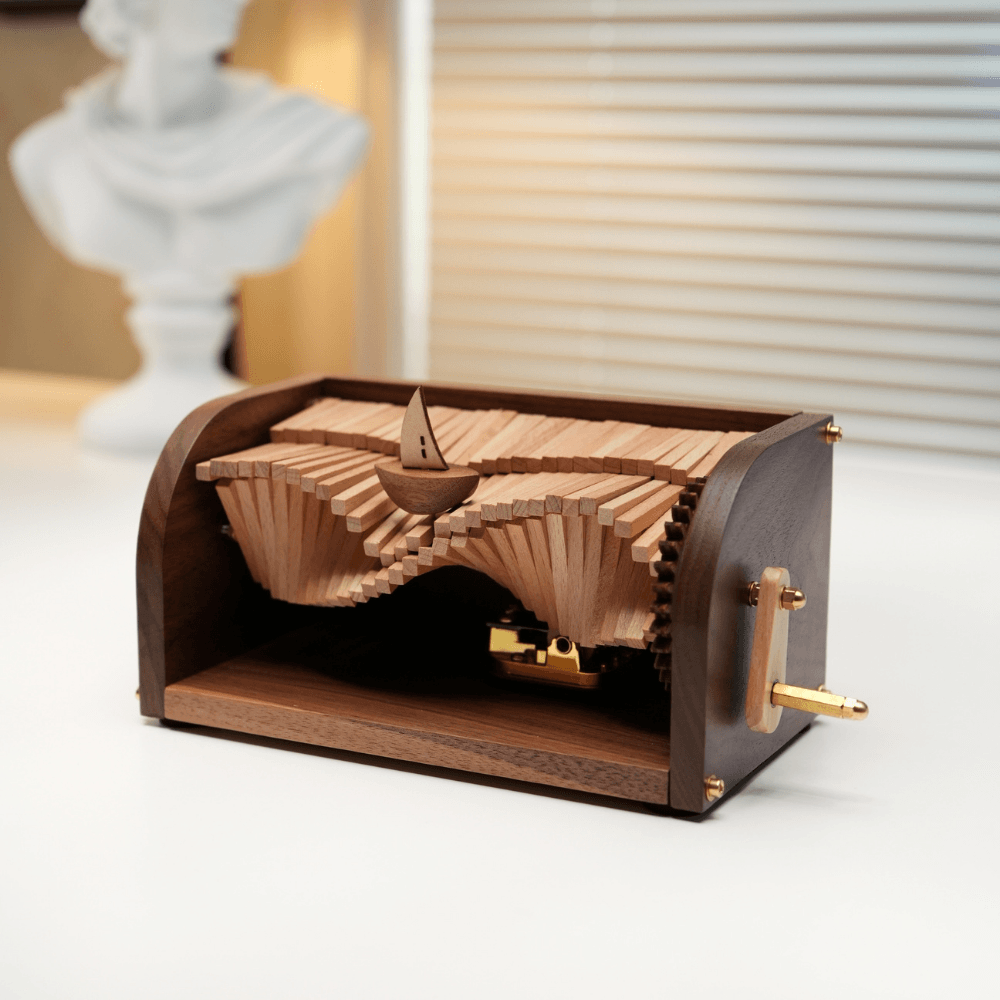 MarinerPoet™ Handcrafted Wooden “Song of the Waves” Music Box Automaton
