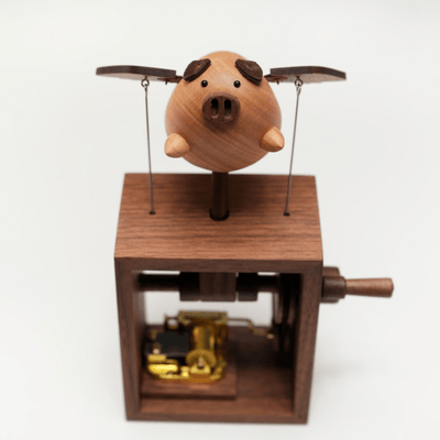 MarinerPoet™ Handcrafted Wooden Angel Pig Music Box Automaton