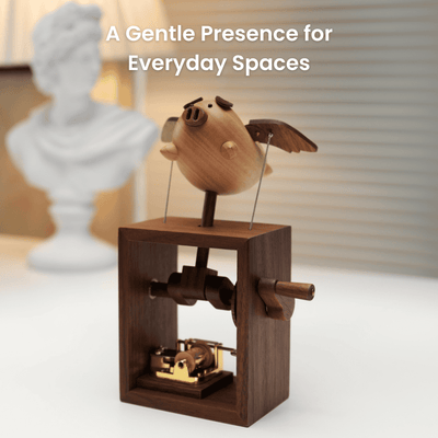 MarinerPoet™ Handcrafted Wooden Angel Pig Music Box Automaton