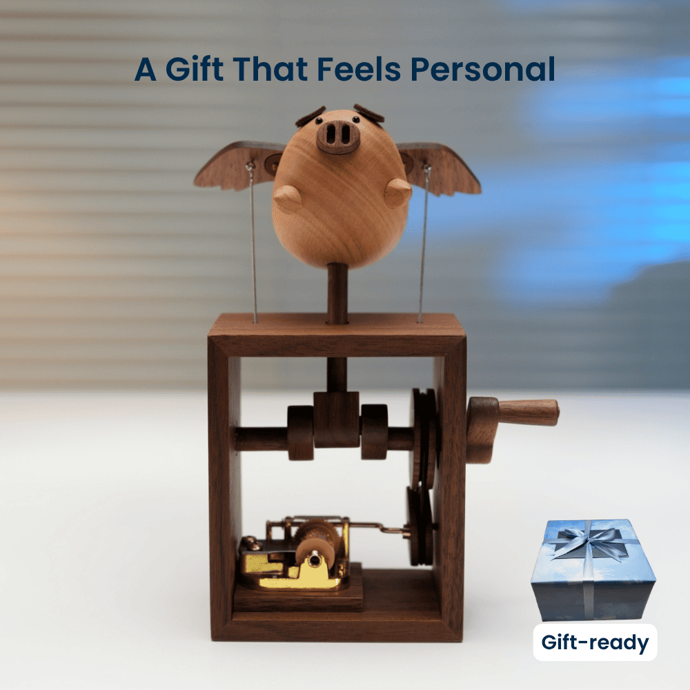 MarinerPoet™ Handcrafted Wooden Angel Pig Music Box Automaton