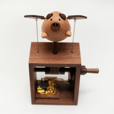 MarinerPoet™ Handcrafted Wooden Angel Pig Music Box Automaton