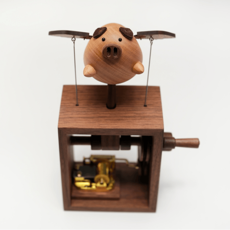 MarinerPoet™ Handcrafted Wooden Angel Pig Music Box Automaton