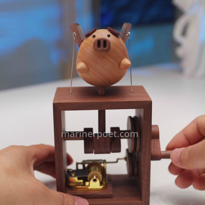 MarinerPoet™ Handcrafted Wooden Angel Pig Music Box Automaton